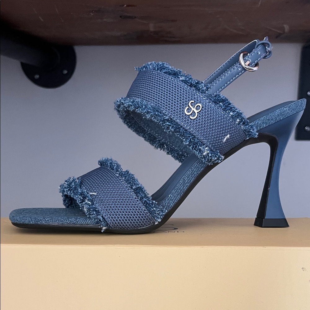 Fringed Denim-Look Blue Slingback High Heel Sandal